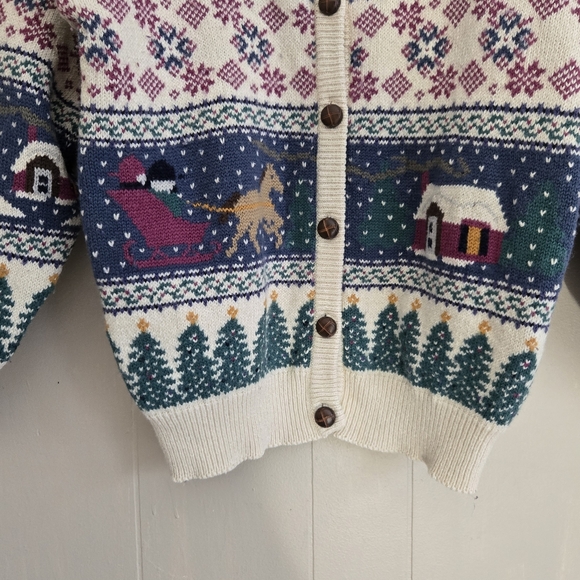 Northern Reflections Vtg Cardigan Nordic Winter Scenes Snow Trees SleighsCozy M - Picture 3 of 14